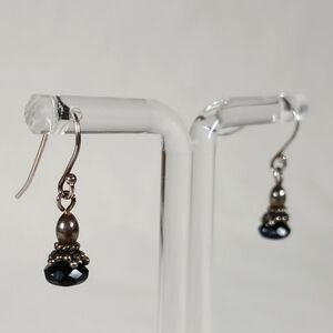 Vintage Sterling Silver Black Glass Drop Bead Fishhook Post Earrings